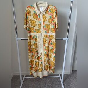 Marvel Yellow Floral Button-Front Shirt Dress with Coral & Teal Accents